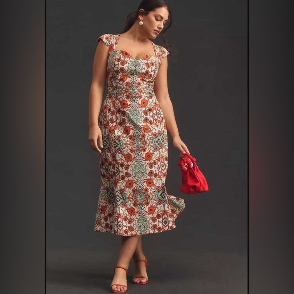 Anthropologie Mosaic Floral Midi Dress in Red, Green, Cream - Picture 4 of 15